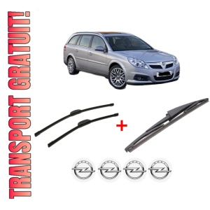 Set 3 stergatoare OPEL VECTRA C Estate (Z02) din 2003 - 2009, pentru parbriz si luneta fata si spate auto, Bosch Twin, din cauciuc siliconat rezistent, 4 Stickere Auto OPEL
