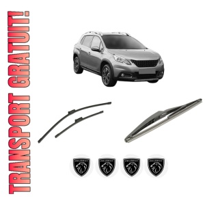 Set 3 stergatoare PEUGEOT 2008 I Van (CU_) din 2018-2019, pentru parbriz si luneta fata si spate auto, Bosch Twin-Aerotwin, din cauciuc siliconat rezistent, 4 Stickere Auto PEUGEOT