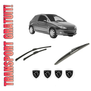 Set 3 stergatoare PEUGEOT 206 Van din 2001-2009, pentru parbriz si luneta fata si spate auto, Bosch Twin-Aerotwin Retrofit, din cauciuc siliconat rezistent, 4 Stickere Auto PEUGEOT