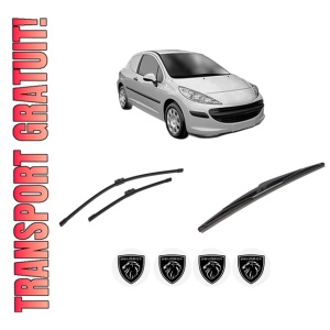Set 3 stergatoare PEUGEOT 207 Hatchback Van (WA_, WC_) din 2007-2012, pentru parbriz si luneta fata si spate auto, Bosch Twin-Aerotwin, din cauciuc siliconat rezistent, 4 Stickere Auto PEUGEOT