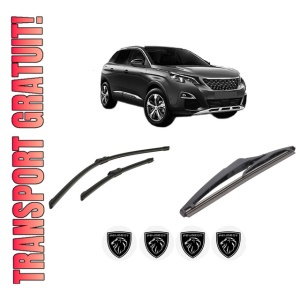 Set 3 stergatoare PEUGEOT 3008 Van (MR_, MC_, MJ_) din 2016-2018, pentru parbriz si luneta fata si spate auto, Bosch Twin-Aerotwin, din cauciuc siliconat rezistent, 4 Stickere Auto PEUGEOT