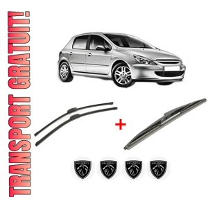 Set 3 stergatoare PEUGEOT 307 (3A/C) din 2000 - 2012, pentru parbriz si luneta fata si spate auto, Bosch Twin, din cauciuc siliconat rezistent, 4 Stickere Auto PEUGEOT