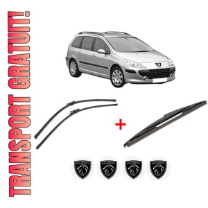 Set 3 stergatoare PEUGEOT 307 Break (3E) din 2002 - 2009, pentru parbriz si luneta fata si spate auto, Valeo Silencio, din cauciuc siliconat rezistent, 4 Stickere Auto PEUGEOT