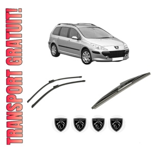 Set 3 stergatoare PEUGEOT 307 Break (3E) din 2002-2009, pentru parbriz si luneta fata si spate auto, Bosch Twin-Aerotwin, din cauciuc siliconat rezistent, 4 Stickere Auto PEUGEOT