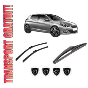 Set 3 stergatoare PEUGEOT 308 II (LB_, LP_, LW_, LH_, L3_) din 2013-2021, pentru parbriz si luneta fata si spate auto, Bosch Twin-Aerotwin, din cauciuc siliconat rezistent, 4 Stickere Auto PEUGEOT