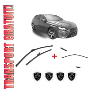 Set 3 stergatoare PEUGEOT 308 III (FB_, FH_, FP_, F3_, FM_) din 2021, pentru parbriz si luneta fata si spate auto, Valeo Silencio, din cauciuc siliconat rezistent, 4 Stickere Auto PEUGEOT