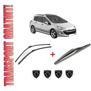 Set 3 stergatoare PEUGEOT 308 SW I (4E_, 4H_) din 2007 - 2014, pentru parbriz si luneta fata si spate auto, Bosch Twin, din cauciuc siliconat rezistent, 4 Stickere Auto PEUGEOT
