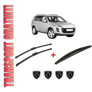 Set 3 stergatoare PEUGEOT 4007 (VU_, VV_) din 2007 - 2013, pentru parbriz si luneta fata si spate auto, Bosch Twin, din cauciuc siliconat rezistent, 4 Stickere Auto PEUGEOT