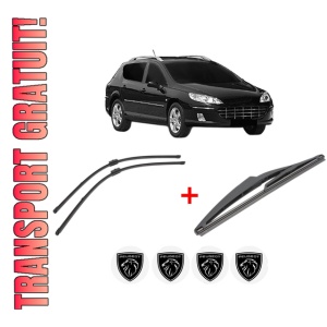 Set 3 stergatoare PEUGEOT 407 SW Estate Van (6E_) din 2009 - 2010, pentru parbriz si luneta fata si spate auto, Valeo Silencio, din cauciuc siliconat rezistent, 4 Stickere Auto PEUGEOT