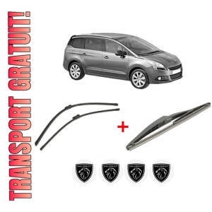 Set 3 stergatoare PEUGEOT 5008 (0U_, 0E_) din 2009 - 2017, pentru parbriz si luneta fata si spate auto, Bosch Twin, din cauciuc siliconat rezistent, 4 Stickere Auto PEUGEOT