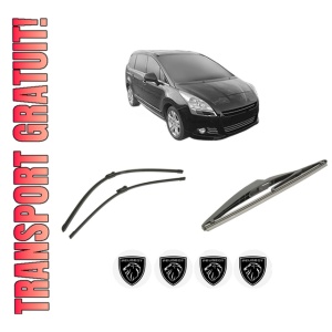 Set 3 stergatoare PEUGEOT 5008 I Van (0U_) din 2009-2017, pentru parbriz si luneta fata si spate auto, Bosch Twin-Aerotwin, din cauciuc siliconat rezistent, 4 Stickere Auto PEUGEOT