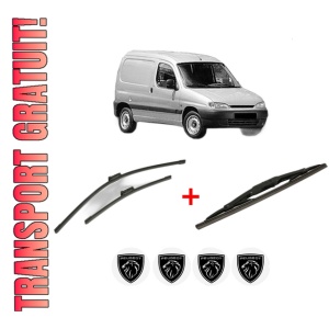 Set 3 stergatoare PEUGEOT PARTNER Box Body/MPV (5_, G_) din 1996 - 2015, pentru parbriz si luneta fata si spate auto, Bosch Twin, din cauciuc siliconat rezistent, 4 Stickere Auto PEUGEOT