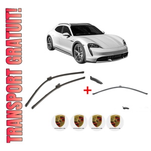 Set 3 stergatoare PORSCHE TAYCAN Cross Turismo (Y1B) din 2020 - 2023, pentru parbriz si luneta fata si spate auto, Valeo Silencio, din cauciuc siliconat rezistent, 4 Stickere Auto PORSCHE