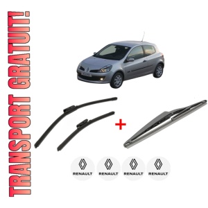 Set 3 stergatoare RENAULT CLIO III (BR0/1, CR0/1) din 2005 - 2014, pentru parbriz si luneta fata si spate auto, Bosch Twin, din cauciuc siliconat rezistent, 4 Stickere Auto RENAULT