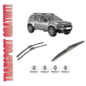 Set 3 stergatoare RENAULT DUSTER (HS_) din 2010-2018, pentru parbriz si luneta fata si spate auto, Bosch Twin-Aerotwin Retrofit, din cauciuc siliconat rezistent, 4 Stickere Auto RENAULT