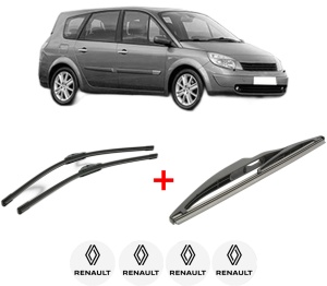 Set 3 stergatoare RENAULT GRAND SCENIC II (JM0/1_) din 2004 - 2009, pentru parbriz si luneta fata si spate auto, Bosch Twin, din cauciuc siliconat rezistent, 4 Stickere Auto RENAULT v7661