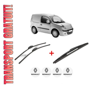 Set 3 stergatoare RENAULT KANGOO Express (FW0/1_) din 2008, pentru parbriz si luneta fata si spate auto, Valeo Silencio, din cauciuc siliconat rezistent, 4 Stickere Auto RENAULT