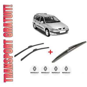 Set 3 stergatoare RENAULT MEGANE I Grandtour (KA0/1_) din 1999 - 2003, pentru parbriz si luneta fata si spate auto, Bosch Twin, din cauciuc siliconat rezistent, 4 Stickere Auto RENAULT