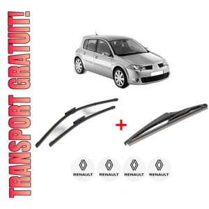 Set 3 stergatoare RENAULT MEGANE II (BM0/1_, CM0/1_) din 2002 - 2009, pentru parbriz si luneta fata si spate auto, Valeo Silencio, din cauciuc siliconat rezistent, 4 Stickere Auto RENAULT