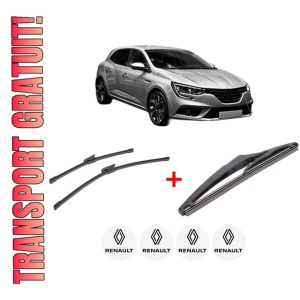 Set 3 stergatoare RENAULT MEGANE IV Hatchback (B9A/M/N_) din 2015, pentru parbriz si luneta fata si spate auto, Bosch Twin, din cauciuc siliconat rezistent, 4 Stickere Auto RENAULT