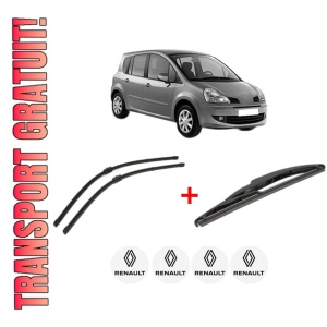 Set 3 stergatoare RENAULT MODUS / GRAND MODUS (F/JP0_) din 2004 - 2012, pentru parbriz si luneta fata si spate auto, Valeo Silencio, din cauciuc siliconat rezistent, 4 Stickere Auto RENAULT