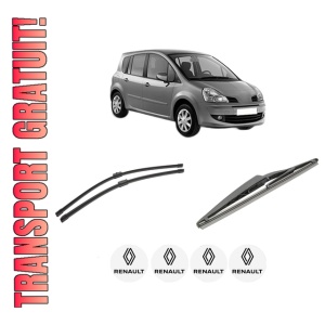 Set 3 stergatoare RENAULT MODUS / GRAND MODUS (F/JP0_) din 2004-2012, pentru parbriz si luneta fata si spate auto, Bosch Twin-Aerotwin, din cauciuc siliconat rezistent, 4 Stickere Auto RENAULT
