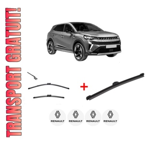 Set 3 stergatoare RENAULT SYMBIOZ din 2024, pentru parbriz si luneta fata si spate auto, Valeo Silencio, din cauciuc siliconat rezistent, 4 Stickere Auto RENAULT
