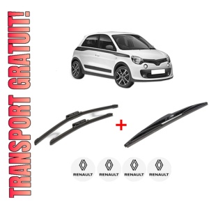 Set 3 stergatoare RENAULT TWINGO III (BCM_, BCA_) din 2014, pentru parbriz si luneta fata si spate auto, Bosch Twin, din cauciuc siliconat rezistent, 4 Stickere Auto RENAULT