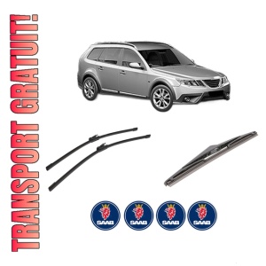 Set 3 stergatoare SAAB 9-3X (YS3) din 2009-2015, pentru parbriz si luneta fata si spate auto, Bosch Twin-Aerotwin, din cauciuc siliconat rezistent, 4 Stickere Auto SAAB