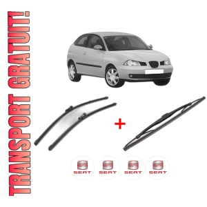 Set 3 stergatoare SEAT IBIZA III (6L1) din 2002 - 2009, pentru parbriz si luneta fata si spate auto, Valeo Silencio, din cauciuc siliconat rezistent, 4 Stickere Auto SEAT