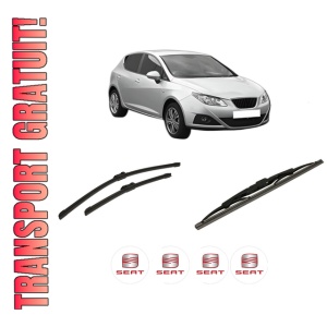 Set 3 stergatoare SEAT IBIZA IV (6J5, 6P1) din 2008-2017, pentru parbriz si luneta fata si spate auto, Bosch Twin-Aerotwin, din cauciuc siliconat rezistent, 4 Stickere Auto SEAT
