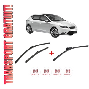 Set 3 stergatoare SEAT LEON (5F1) din 2012 - 2020, pentru parbriz si luneta fata si spate auto, Bosch Aerotwin, din cauciuc siliconat rezistent, 4 Stickere Auto SEAT