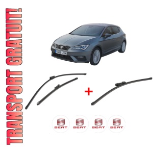 Set 3 stergatoare SEAT LEON Hatchback Van (5F1) din 2017 - 2018, pentru parbriz si luneta fata si spate auto, Valeo Silencio Xtrm, din cauciuc siliconat rezistent, 4 Stickere Auto SEAT