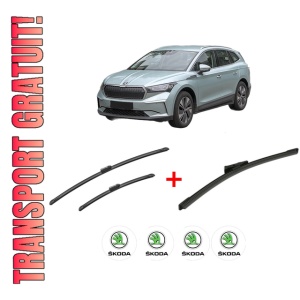 Set 3 stergatoare SKODA ENYAQ iV SUV (5AZ) din 2020, pentru parbriz si luneta fata si spate auto, Bosch Aerotwin, din cauciuc siliconat rezistent, 4 Stickere Auto SKODA