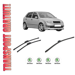 Set 3 stergatoare SKODA FABIA I (6Y2) din 1999-2008, pentru parbriz si luneta fata si spate auto, Bosch Aerotwin-Aerotwin Retrofit, din cauciuc siliconat rezistent, 4 Stickere Auto SKODA