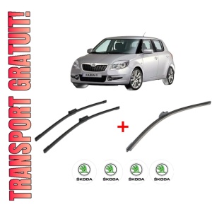 Set 3 stergatoare SKODA FABIA II (542) din 2006 - 2014, pentru parbriz si luneta fata si spate auto, Bosch Aerotwin, din cauciuc siliconat rezistent, 4 Stickere Auto SKODA