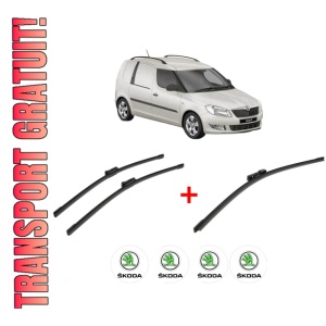 Set 3 stergatoare SKODA FABIA II Praktik (545) din 2013 - 2014, pentru parbriz si luneta fata si spate auto, Bosch Aerotwin, din cauciuc siliconat rezistent, 4 Stickere Auto SKODA