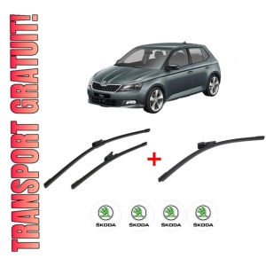 Set 3 stergatoare SKODA FABIA III (NJ3) din 2014 - 2021, pentru parbriz si luneta fata si spate auto, Bosch Aerotwin, din cauciuc siliconat rezistent, 4 Stickere Auto SKODA
