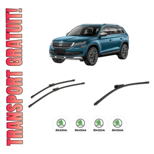 Set 3 stergatoare SKODA KODIAQ I (NS6, NS7, NV7) din 2016-2021, pentru parbriz si luneta fata si spate auto, Bosch Aerotwin-Aerotwin, din cauciuc siliconat rezistent, 4 Stickere Auto SKODA