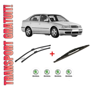 Set 3 stergatoare SKODA Octavia I (1U2) din 1996 - 2010, pentru parbriz si luneta fata si spate auto, Bosch Twin, din cauciuc siliconat rezistent, 4 Stickere Auto SKODA