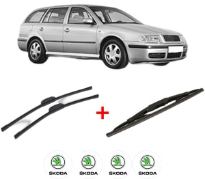 Set 3 stergatoare SKODA OCTAVIA I Combi (1U5) din 1998 - 2010, pentru parbriz si luneta fata si spate auto, Bosch Twin, din cauciuc siliconat rezistent, 4 Stickere Auto SKODA v10061