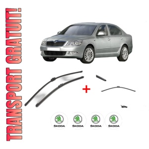 Set 3 stergatoare SKODA Octavia II (1Z3) din 2004 - 2013, pentru parbriz si luneta fata si spate auto, Valeo Silencio, din cauciuc siliconat rezistent, 4 Stickere Auto SKODA