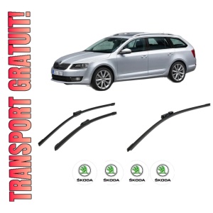 Set 3 stergatoare SKODA Octavia III Combi (5E5, 5E6) din 2012-2020, pentru parbriz si luneta fata si spate auto, Bosch Aerotwin-Aerotwin, din cauciuc siliconat rezistent, 4 Stickere Auto SKODA