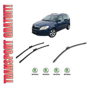 Set 3 stergatoare SKODA ROOMSTER (5J7) din 2006-2015, pentru parbriz si luneta fata si spate auto, Bosch Aerotwin-Aerotwin, din cauciuc siliconat rezistent, 4 Stickere Auto SKODA