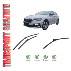 Set 3 stergatoare SKODA SCALA (NW1) din 2019-2020, pentru parbriz si luneta fata si spate auto, Bosch Aerotwin-Aerotwin, din cauciuc siliconat rezistent, 4 Stickere Auto SKODA