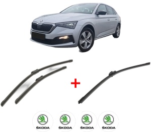 Set 3 stergatoare SKODA SCALA (NW1) din 2019, pentru parbriz si luneta fata si spate auto, Bosch Aerotwin, din cauciuc siliconat rezistent, 4 Stickere Auto SKODA v7301