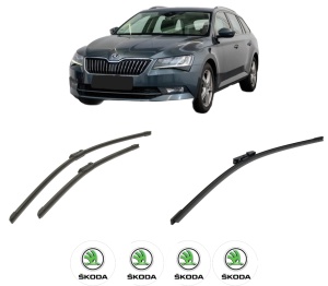 Set 3 stergatoare SKODA SUPERB III Estate (3V5) din 2015-2024, pentru parbriz si luneta fata si spate auto, Bosch Aerotwin-Aerotwin, din cauciuc siliconat rezistent, 4 Stickere Auto SKODA - Img 2