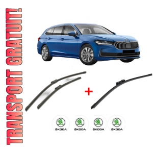 Set 3 stergatoare SKODA SUPERB IV (NZ3) din 2023, pentru parbriz si luneta fata si spate auto, Bosch Aerotwin, din cauciuc siliconat rezistent, 4 Stickere Auto SKODA