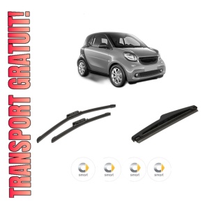 Set 3 stergatoare SMART FORTWO Coupe (453) din 2014-2017, pentru parbriz si luneta fata si spate auto, Bosch Twin-Aerotwin, din cauciuc siliconat rezistent, 4 Stickere Auto SMART
