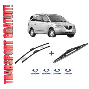 Set 3 stergatoare SSANGYONG RODIUS I din 2005, pentru parbriz si luneta fata si spate auto, Bosch Twin, din cauciuc siliconat rezistent, 4 Stickere Auto SSANGYONG